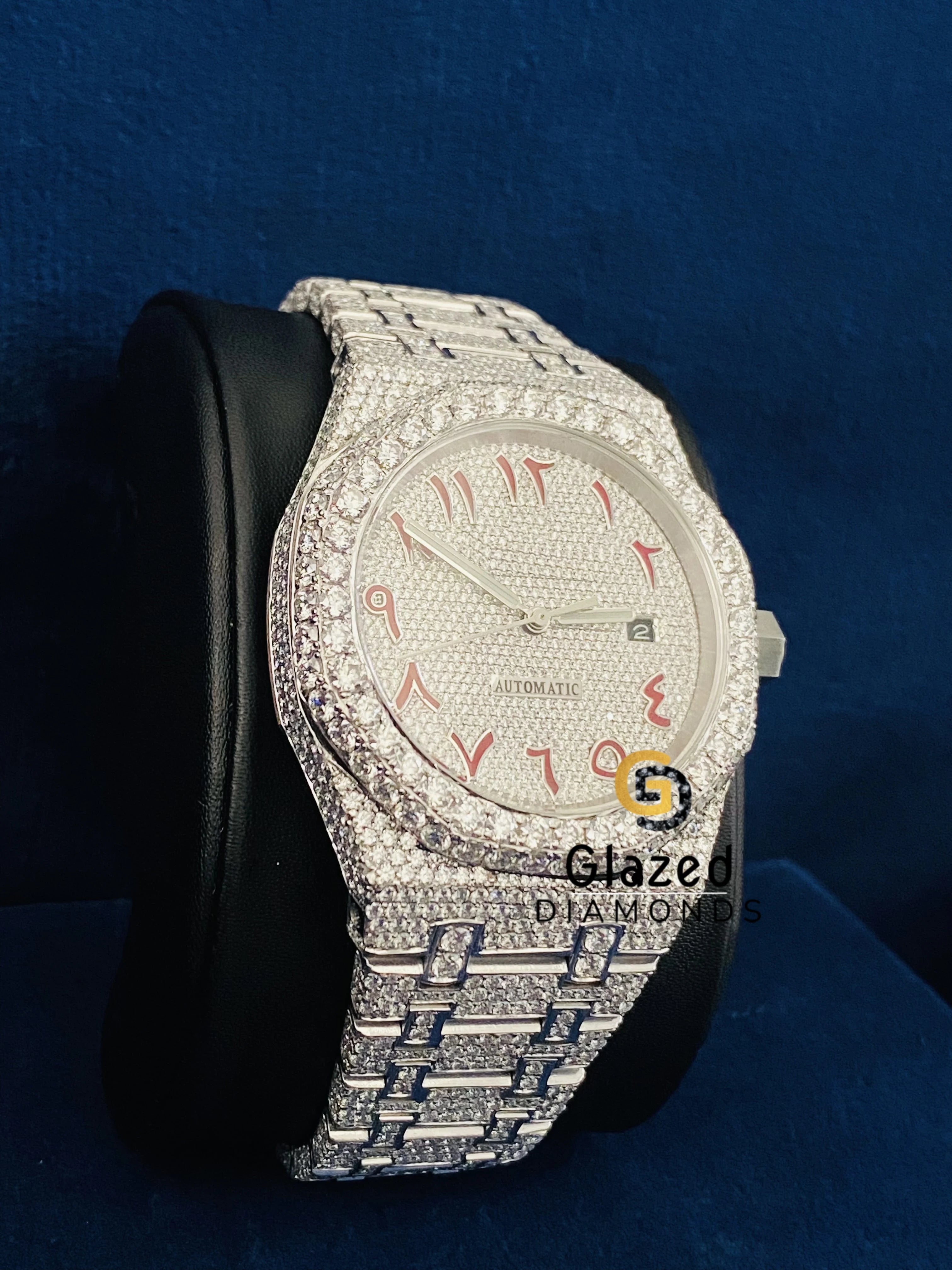 Red Arabic Stainless Steel Moissanite Watch