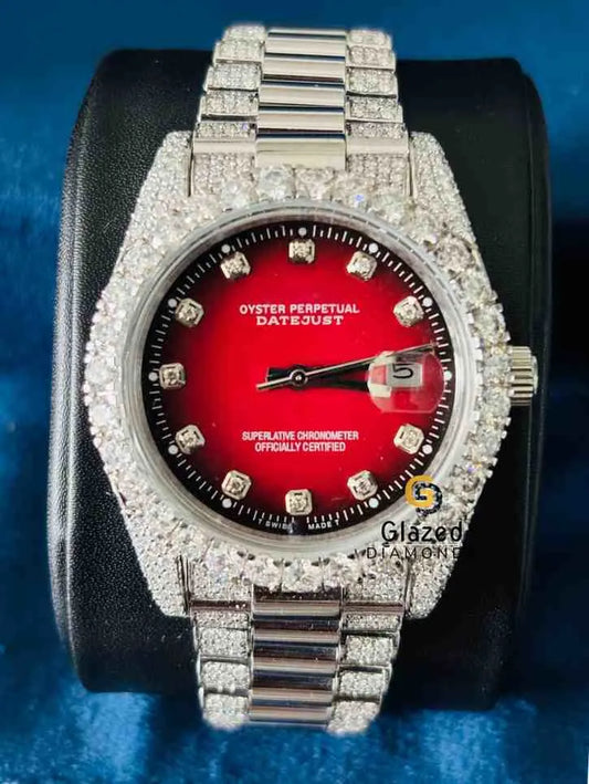 Red Dial Bezel Bar Moissanite Rolex Watch