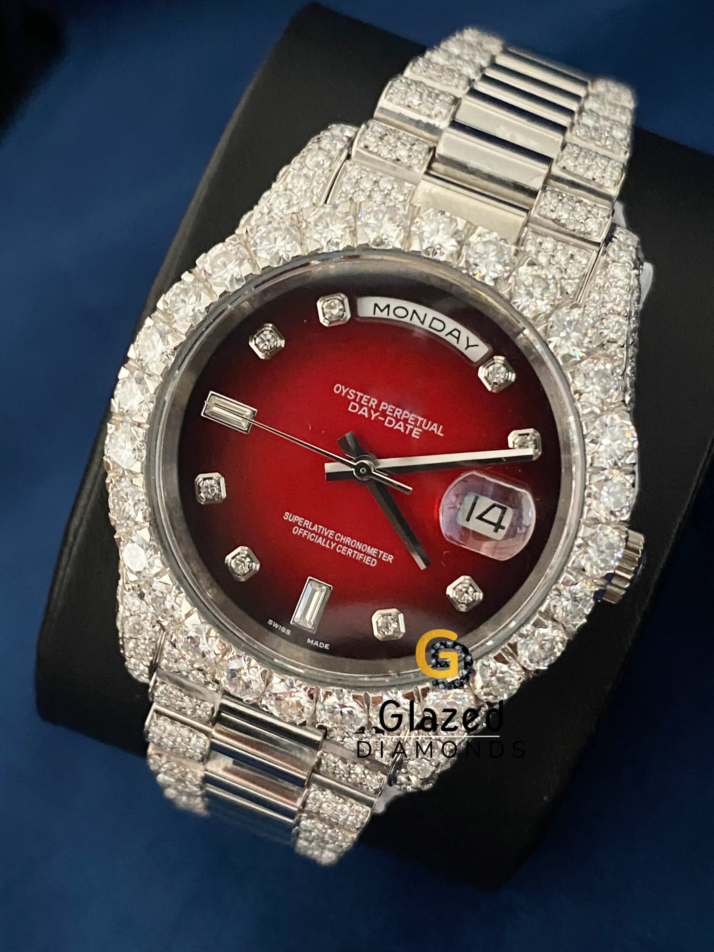 Red Dial Bust Down Day Date Moissanite VVS Watch