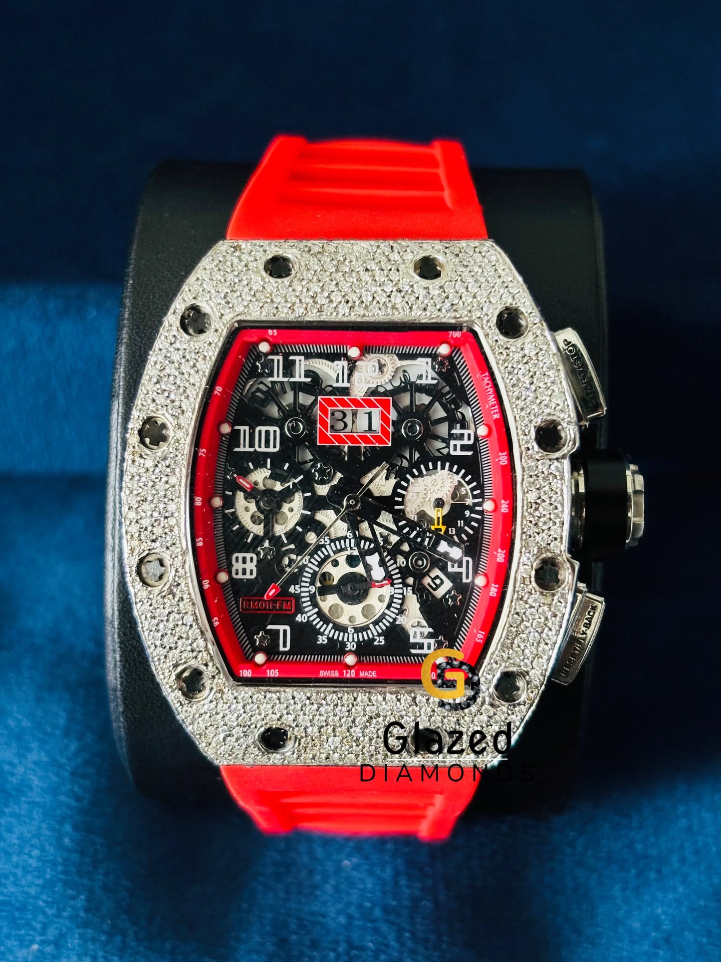 Red Silicon Strap Moissanite Skeleton Dial Watch