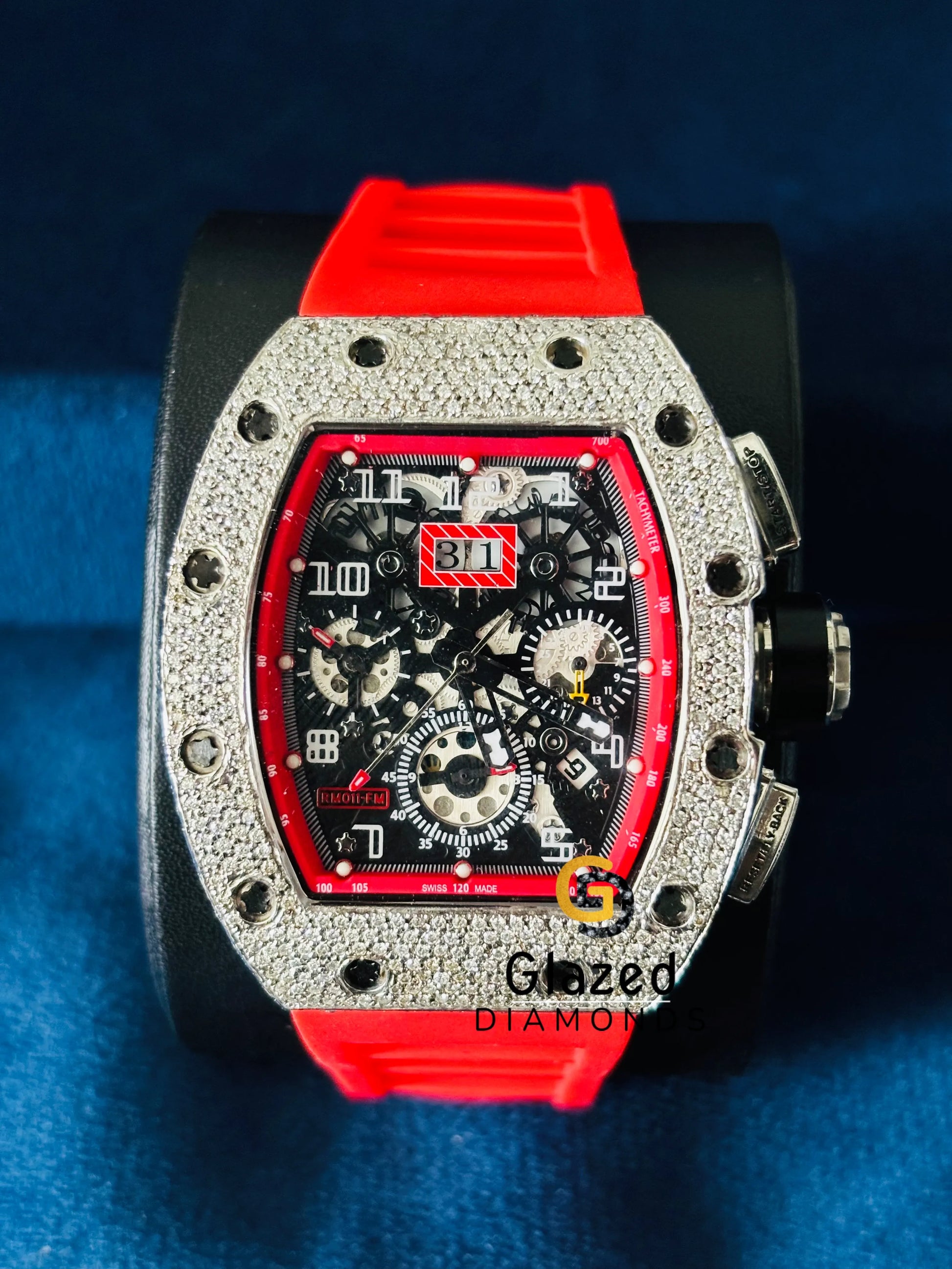 Red Silicon Strap Moissanite Skeleton Dial Watch