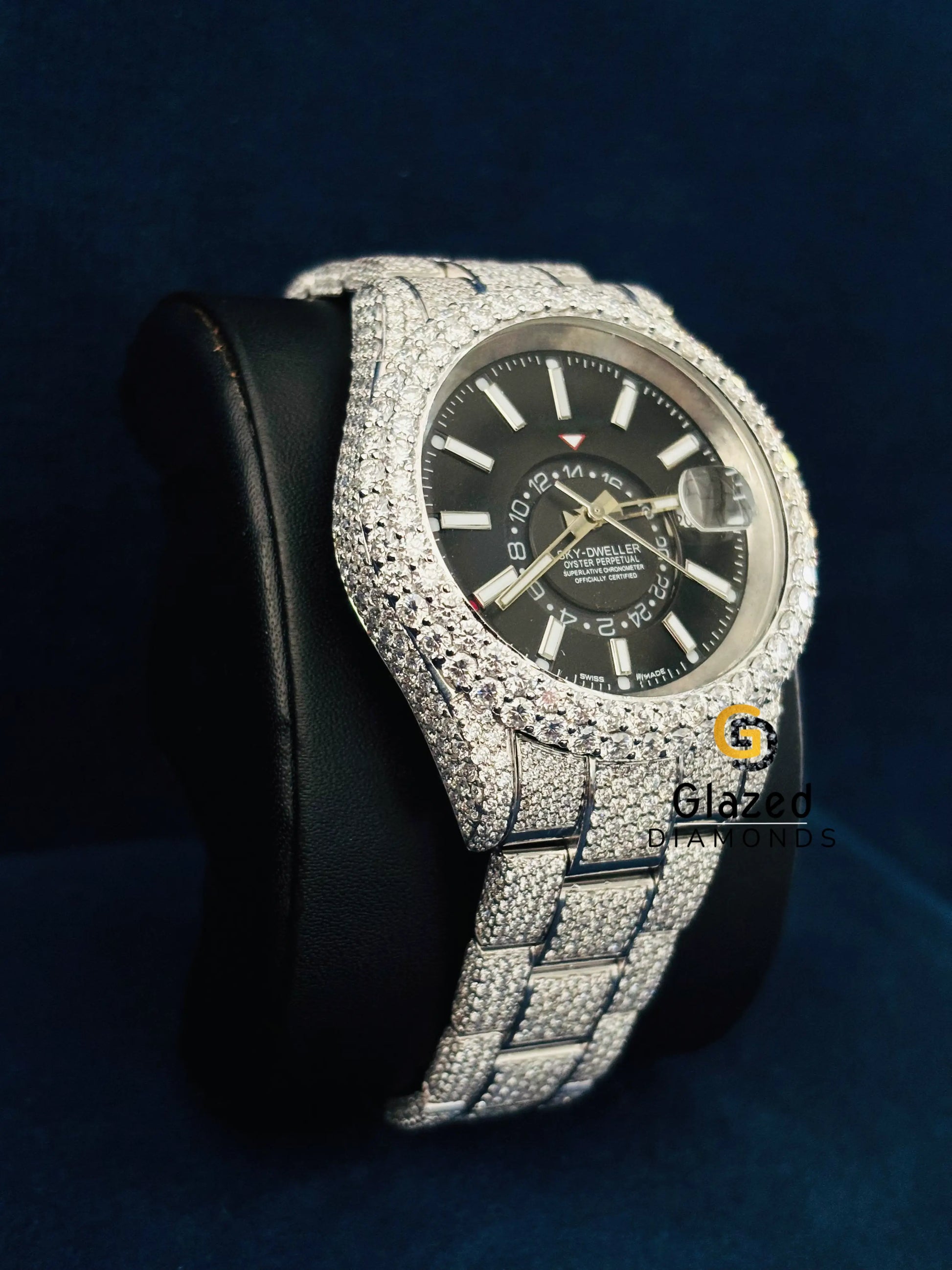 Rolex Moissanite Black Dial Sky Dweller Iced Out Watch