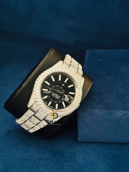 Rolex Moissanite Black Dial Sky Dweller Iced Out Watch For Men