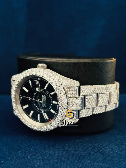 Rolex Moissanite Black Dial White Bar Sky Dweller Watch