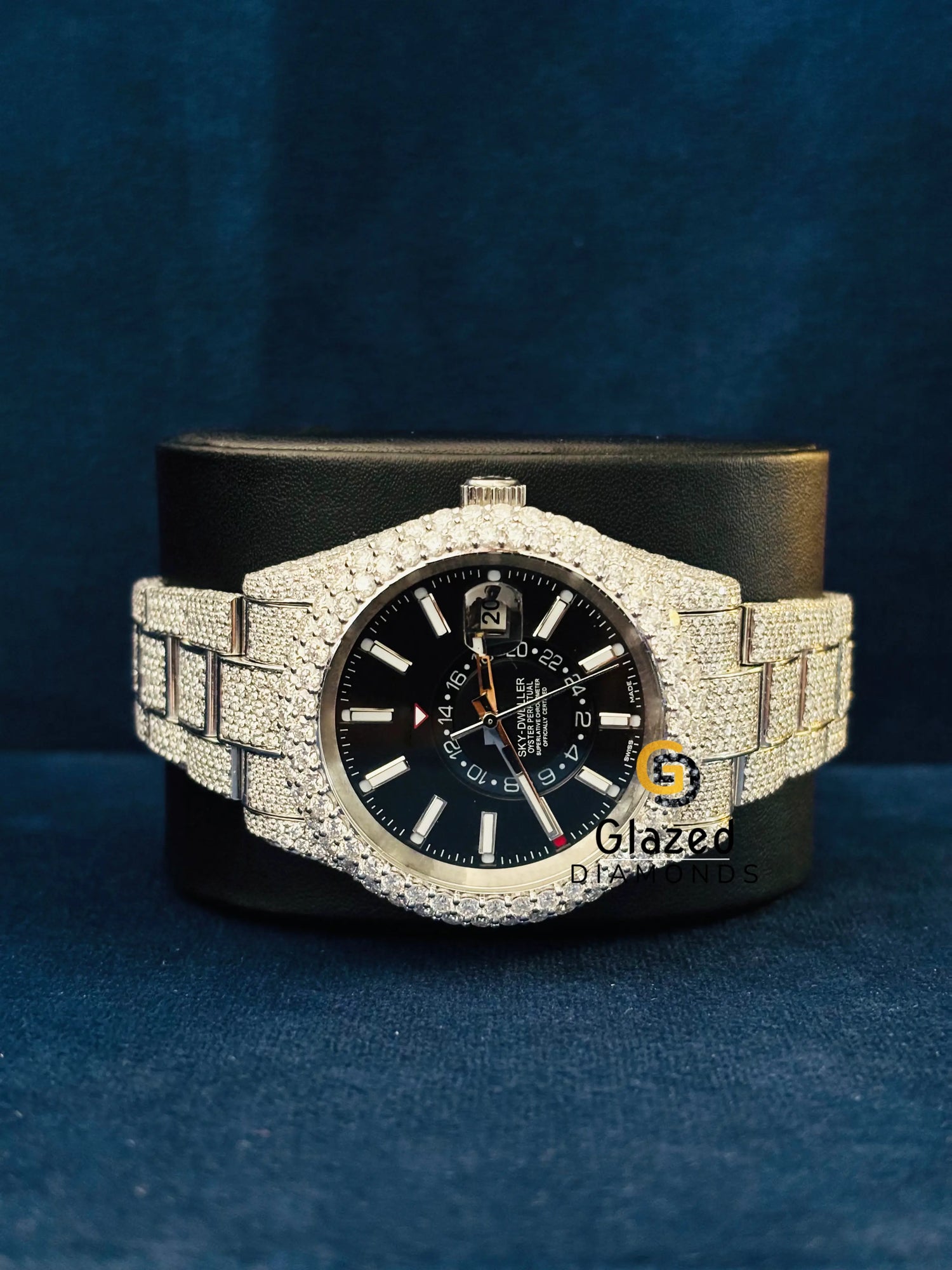 Rolex Moissanite Black Dial White Bar Sky Dweller Watch For Men