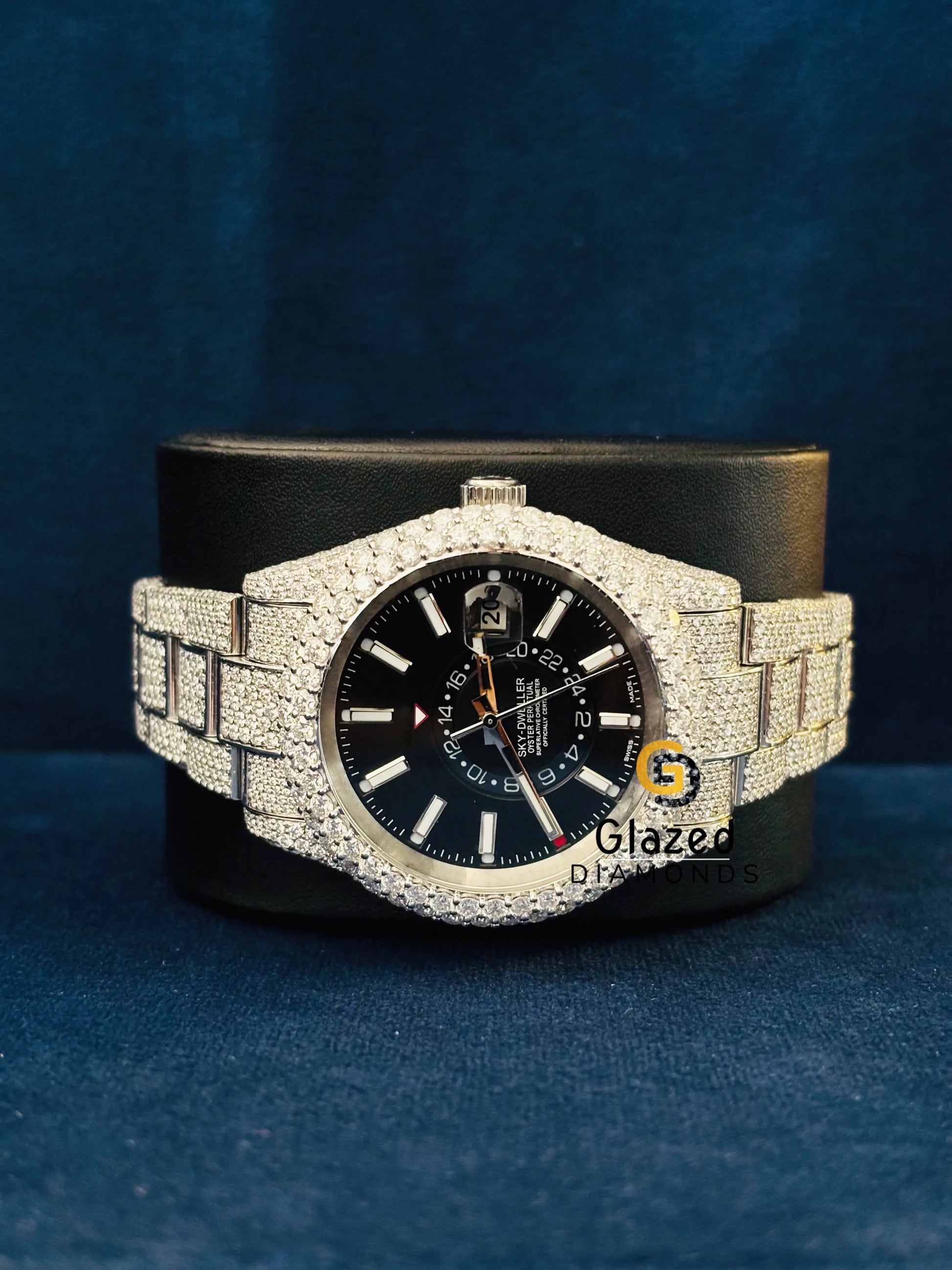 Rolex Moissanite Black Dial White Bar Sky Dweller Watch For Men