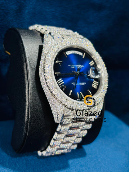 Dark Blue Dial Roman Number Moissanite Daydate Watch