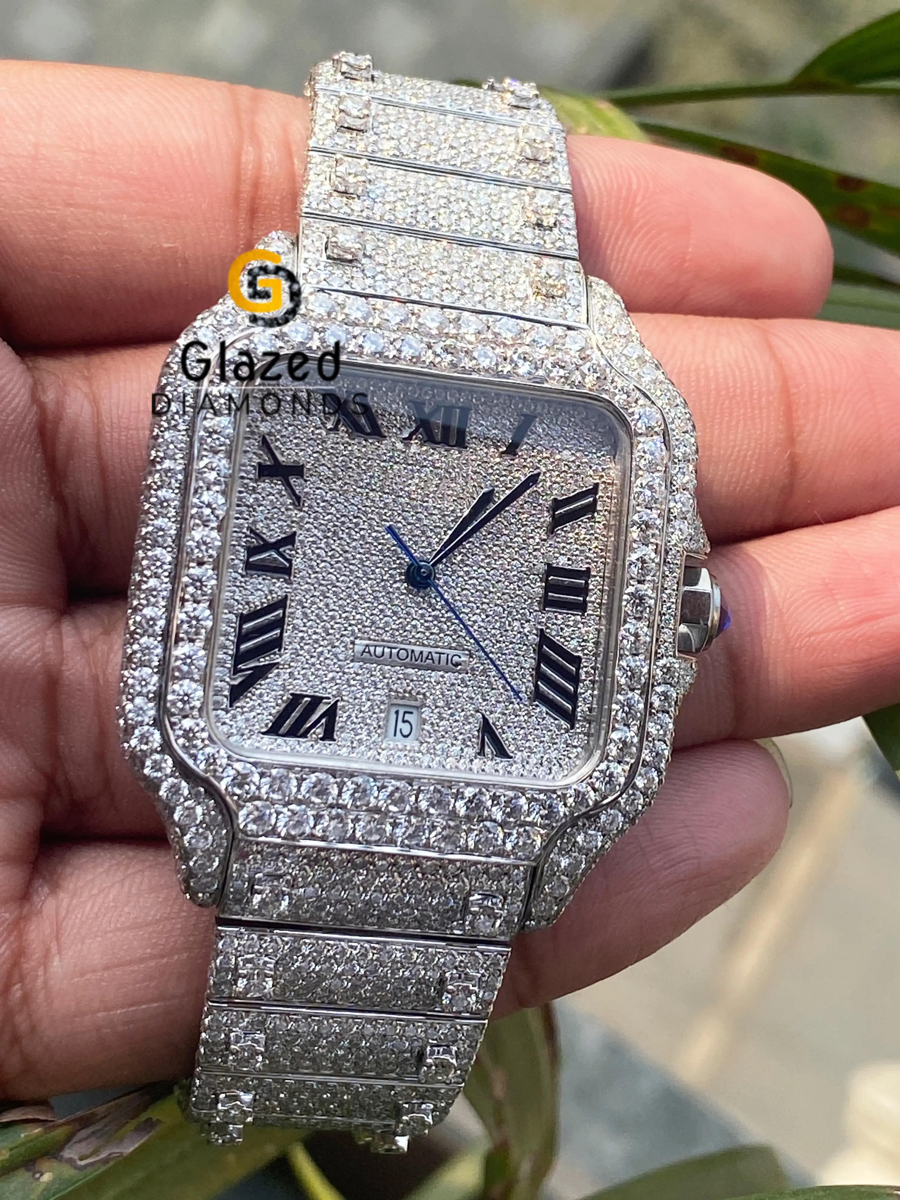 Fully White Bust Down Roman Numeral Moissanite Hip Hop Watch