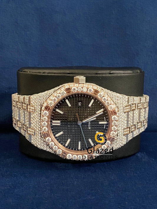 Roman Black Dial Two Tone Fully Iced Out VVs Moissanite Watch