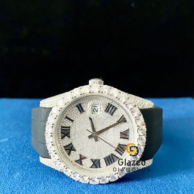 Roman Dial Bust Down Silicon Black Strap Moissanite VVS Diamonds Watch