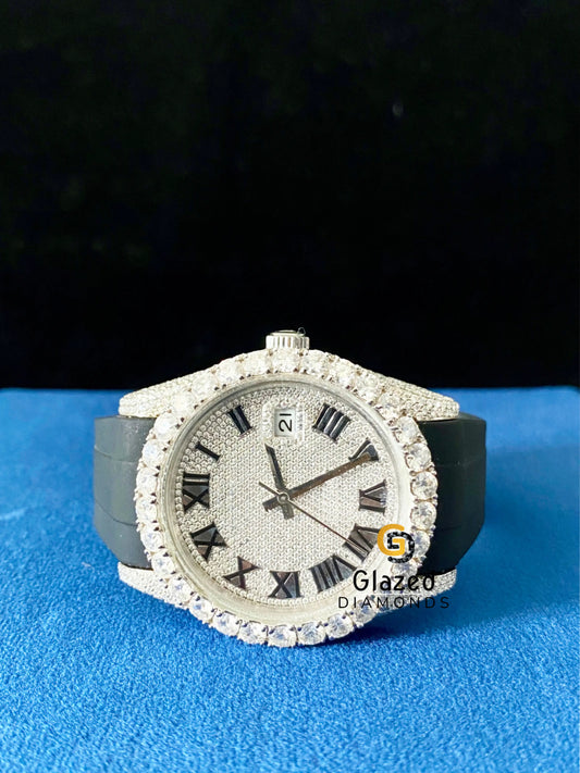 Roman Dial Bust Down Silicon Black Strap Moissanite VVS Diamonds Watch
