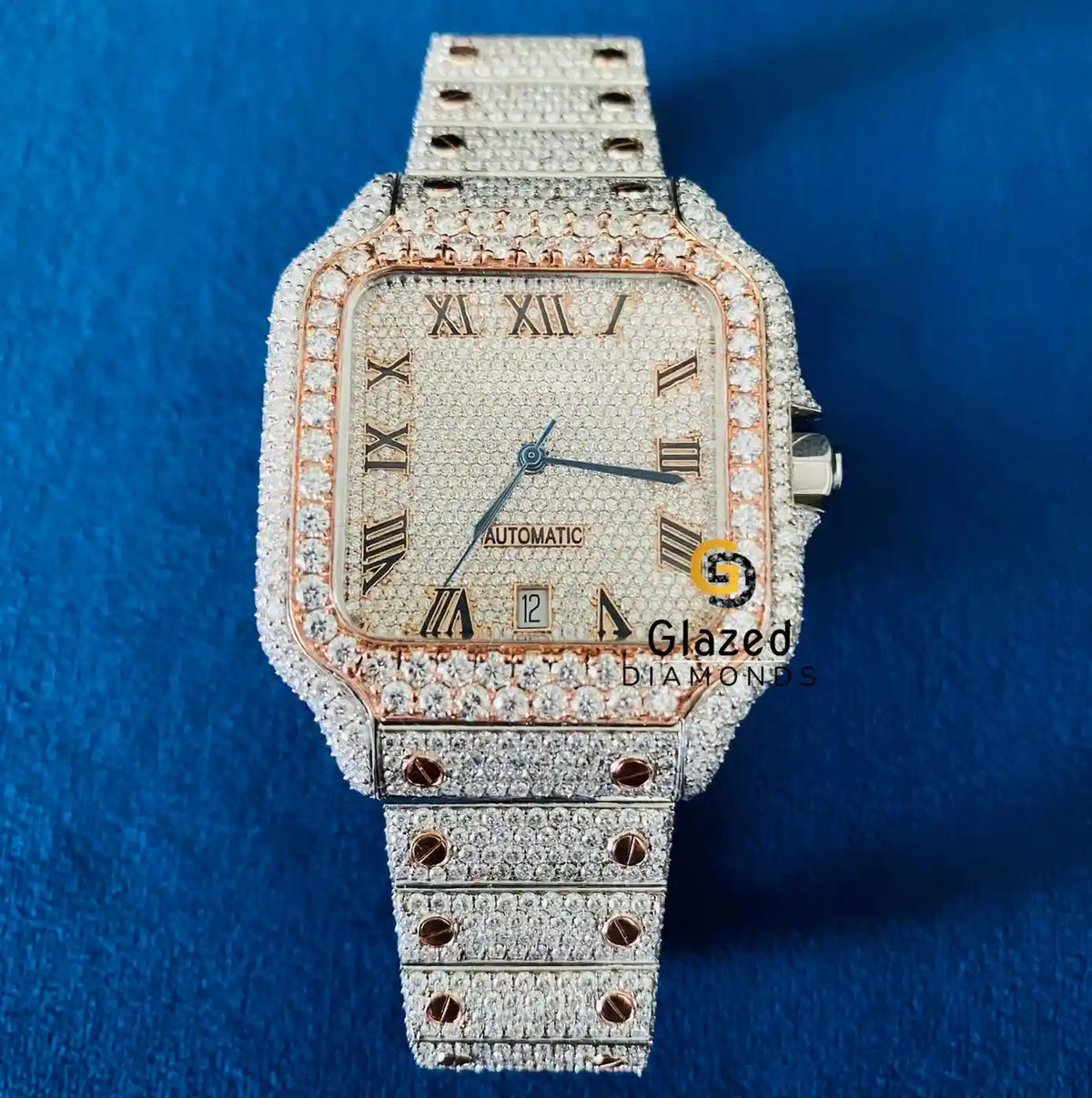 Fully Iced Out Roman Dial Two Tone Stainless Steel Moissanite Watch ...