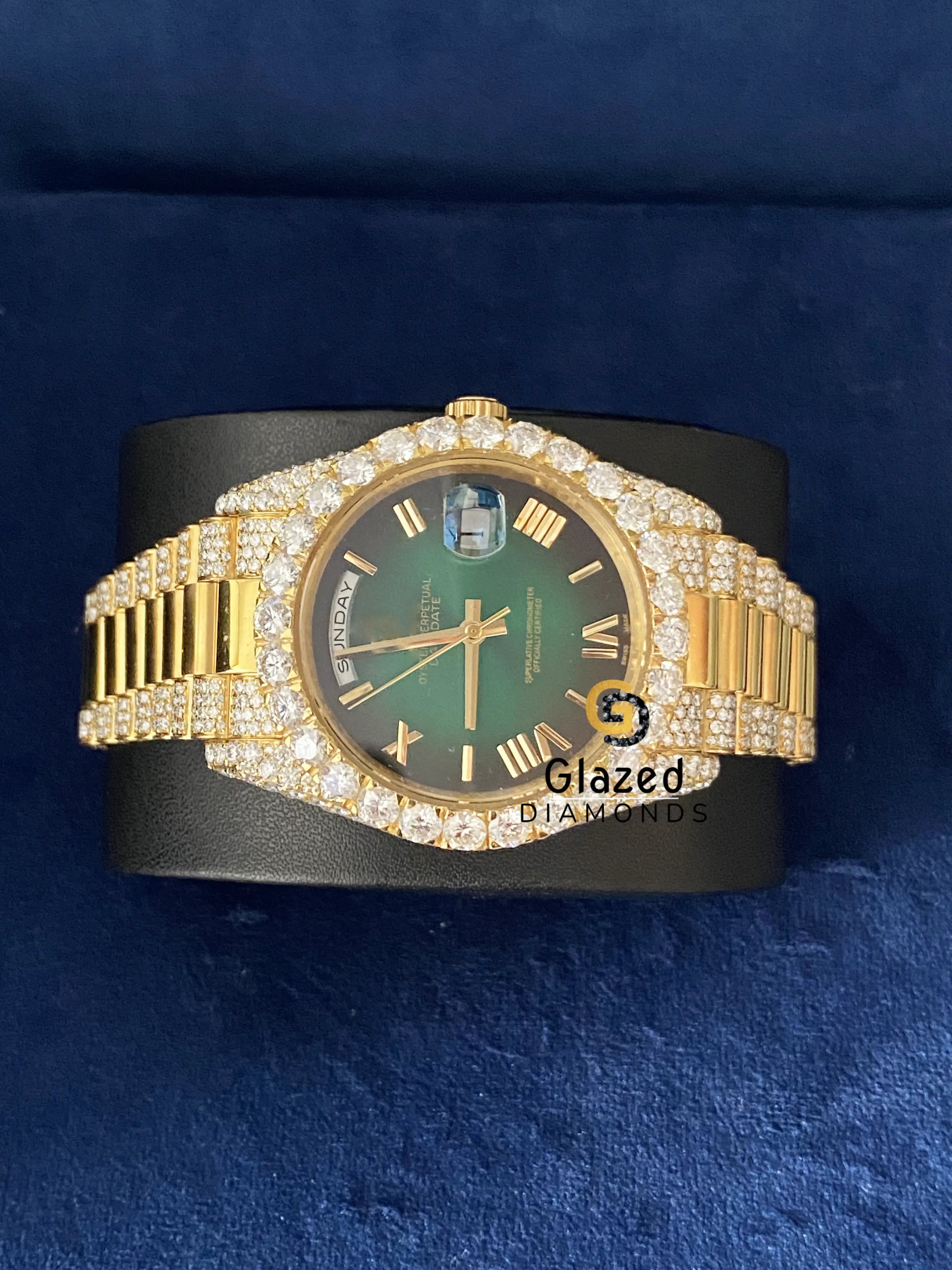 Roman Green Dial Day Date D Colorless Moissanite Watch
