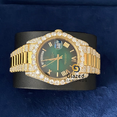 Roman Green Dial Day Date D Colorless Moissanite Watch