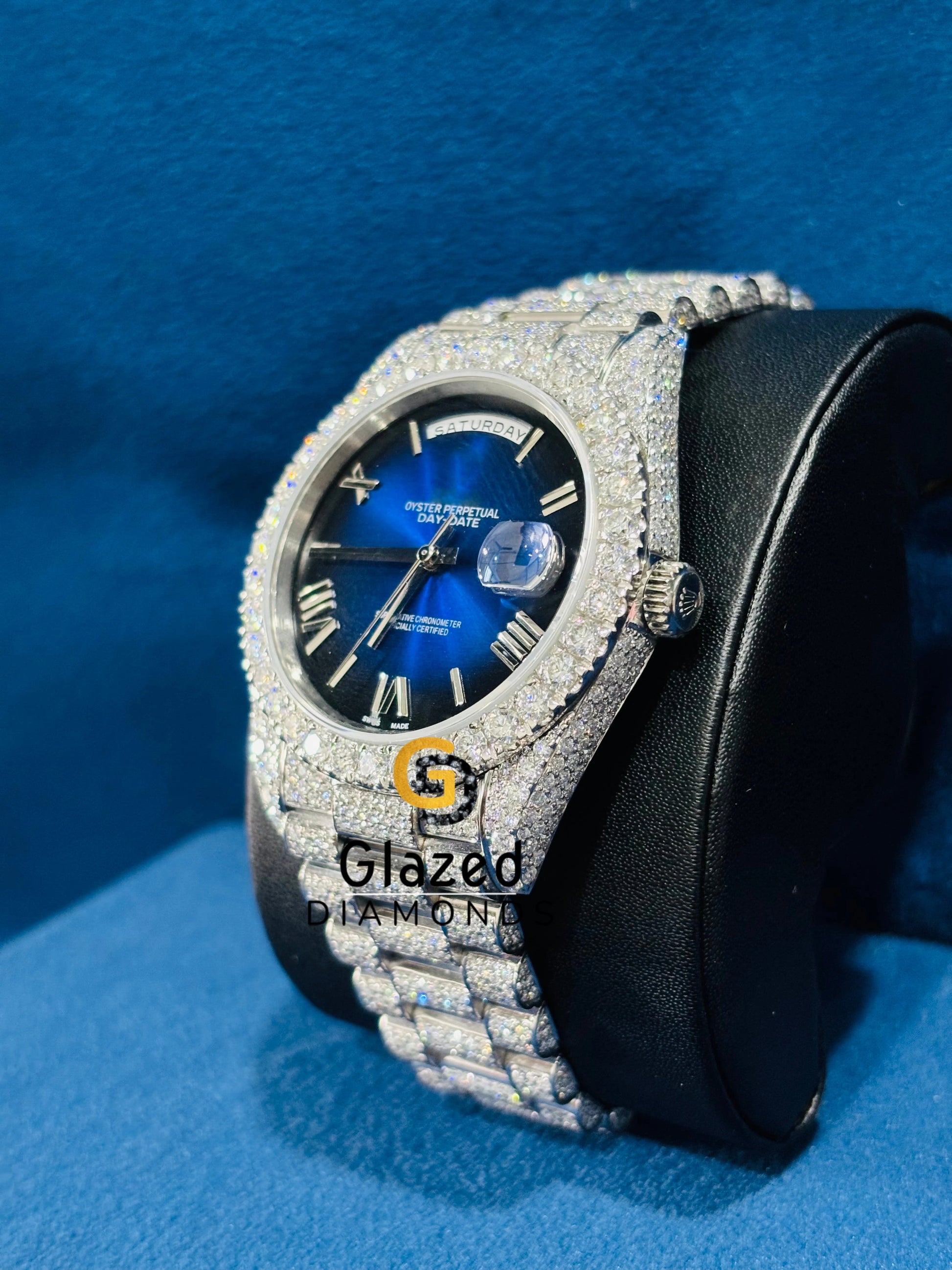 Roman Number Blue Dial Moissanite Rapper Watch