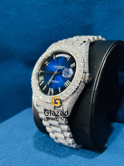 Roman Number Blue Dial Moissanite Rapper Watch