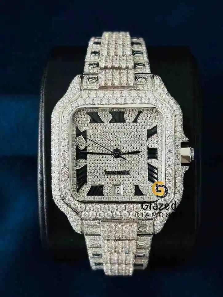 Roman Number Dial Fully Studded Moissanite Watch 