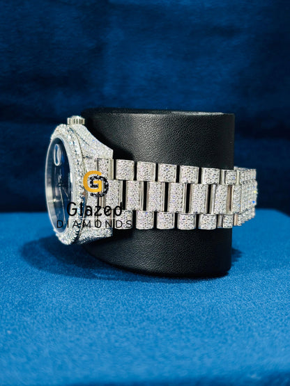 Roman Number Royal Blue Dia lMoissanite Hip Hop Watch