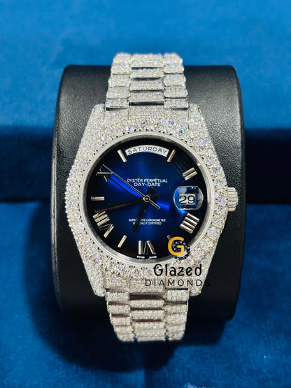 Roman Number Royal Blue Dial Moissanite Rapper Watch