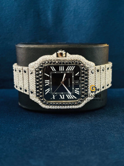 Roman Number With Black Diamond Moissanite Watch For Men