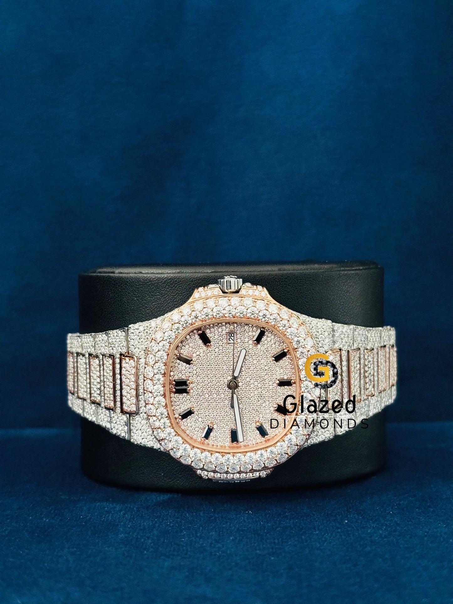 Rose Gold Plated Moissanite Studded Watch For Men