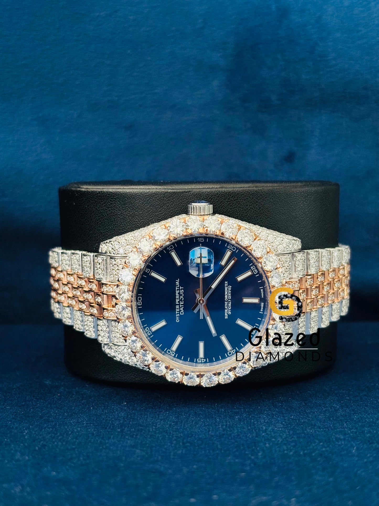 Rose Gold Plated White Bar Bust Down Moissanite Automatic Watch