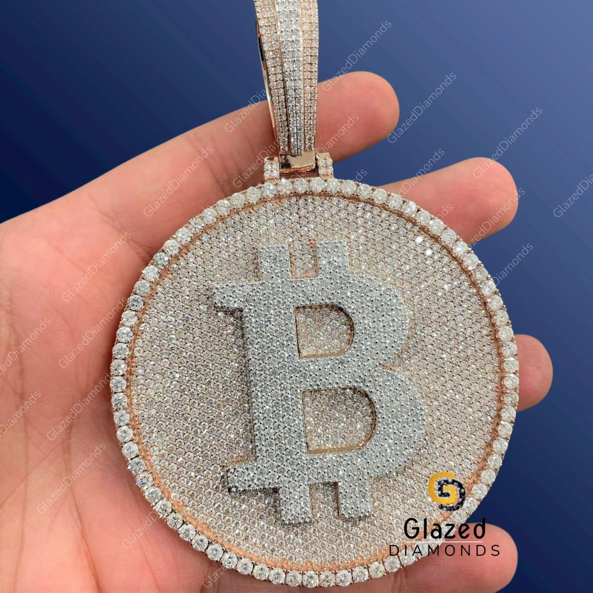 Fully Iced Out Bitcoin Cryptocurrency Hip hop Pendant in 925 Sterling Silver