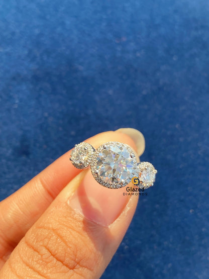 Round Cut Halo Moissanite Three Stone Moissanite Ring For Women