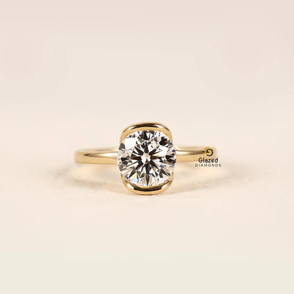 Round Cut Lab Diamond Half Bezel Wedding Ring