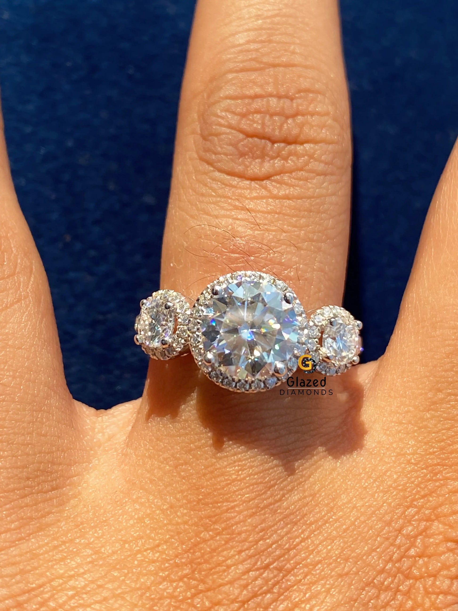 Round Cut Moissanite Three Stone Pave Band Ring For Women