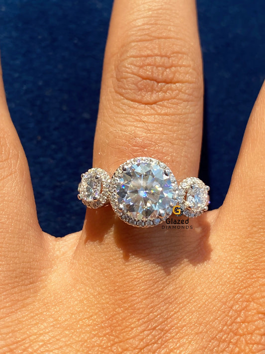 Round Cut Moissanite Three Stone Pave Band Ring For Women