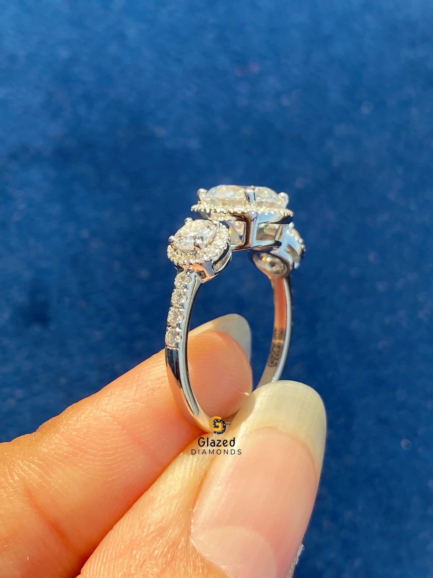 Round Cut Three Stone Moissanite Halo Ring