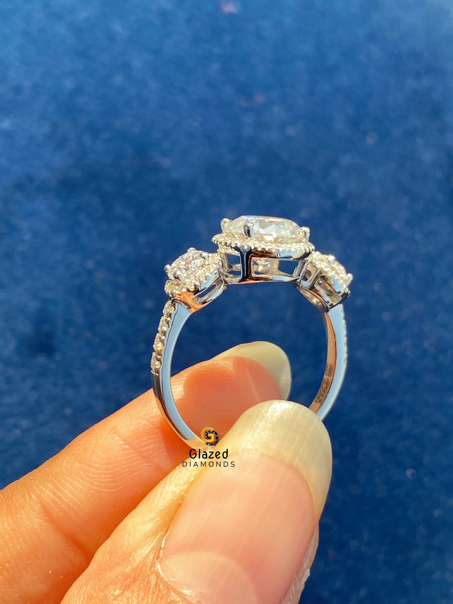 Round Cut Three Stone Moissanite Halo Ring For Her