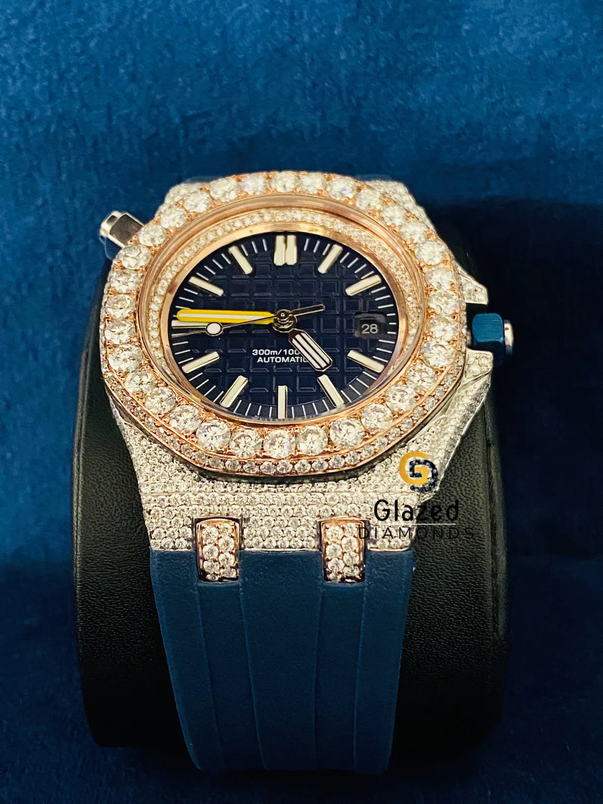Round Moissanite Two Tone Blue Silicone Strap Hip Hop Watch