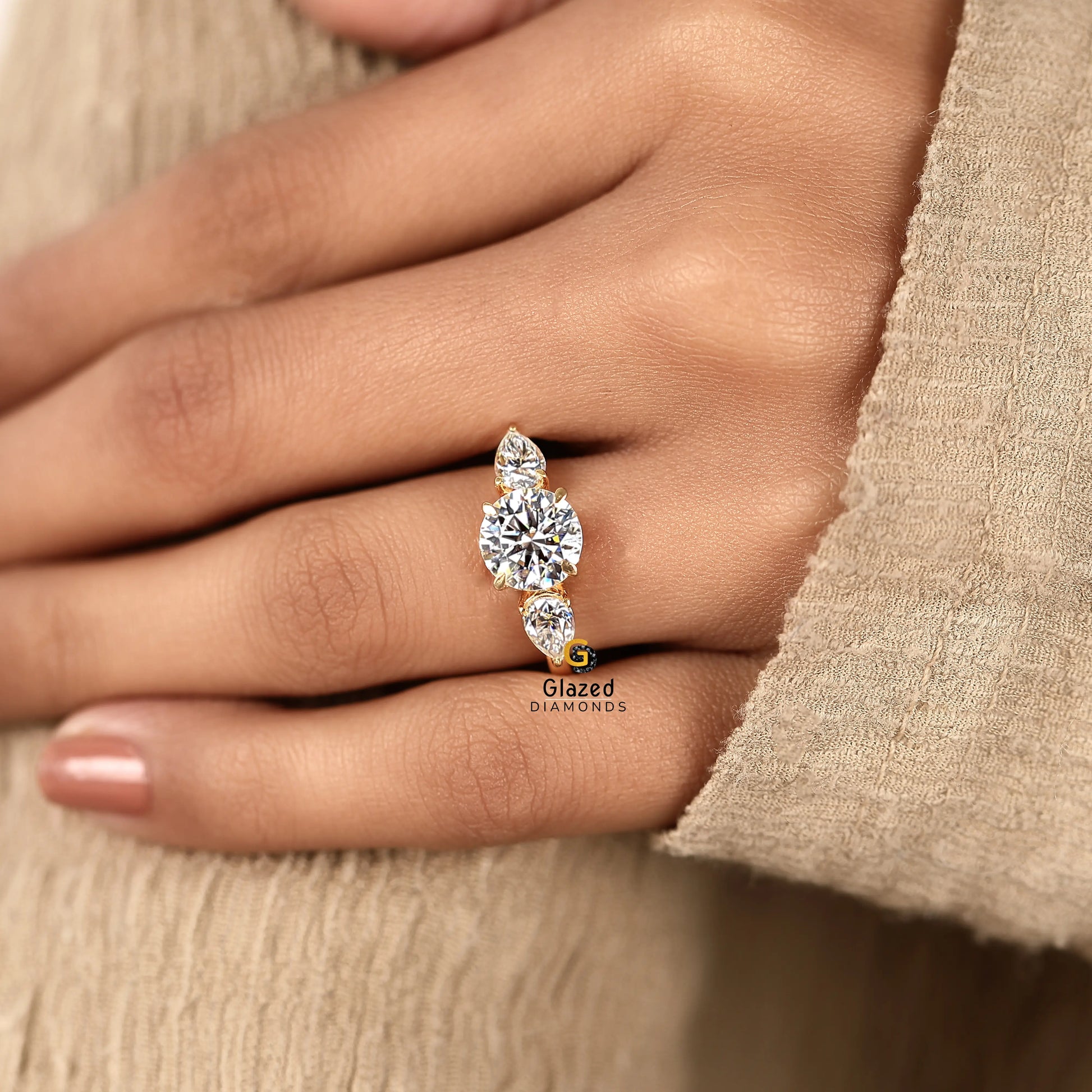Round_ Pear Lab Diamond Three Stone Wedding Ring