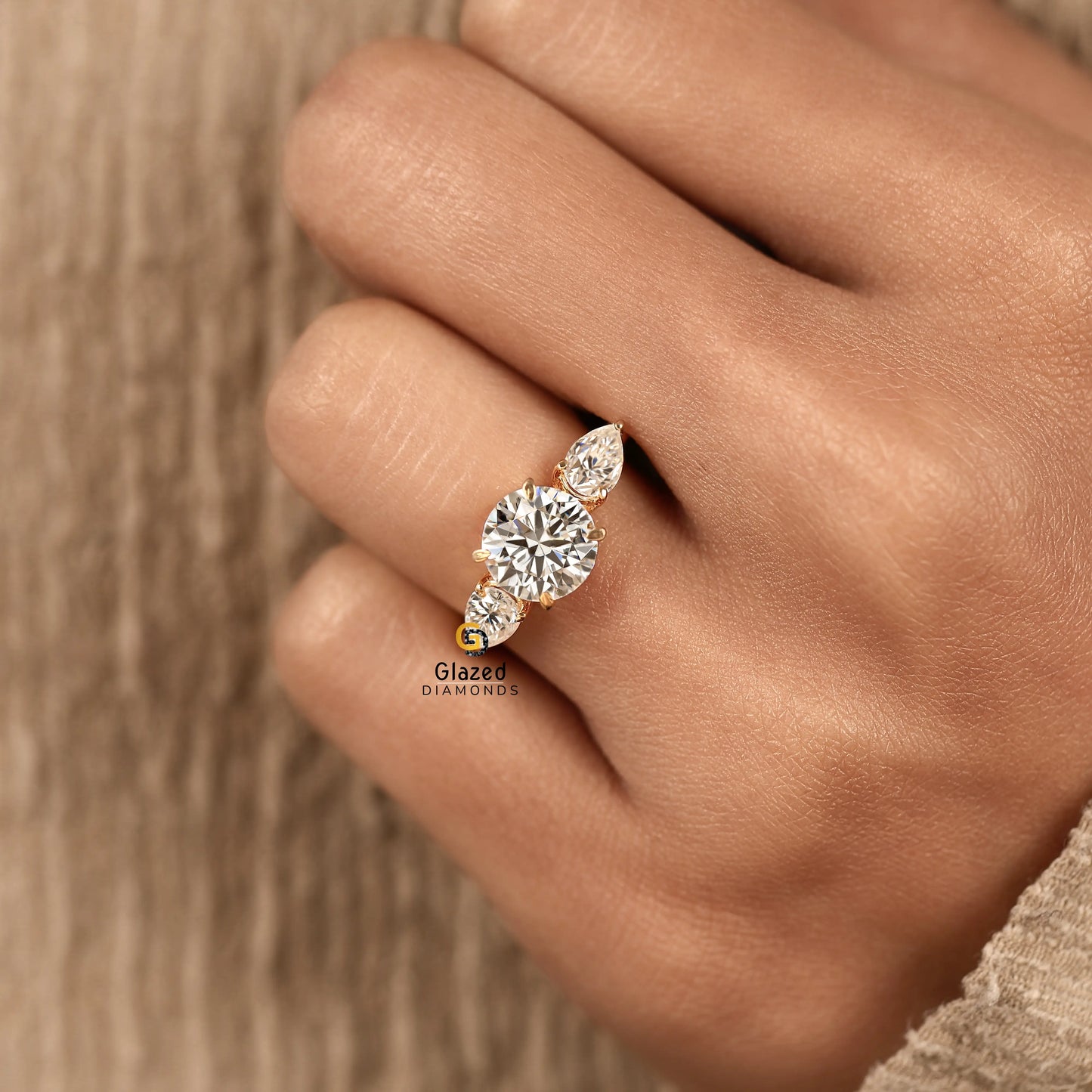 Round_ Pear Lab Diamond Three Stone Wedding Ring For Women