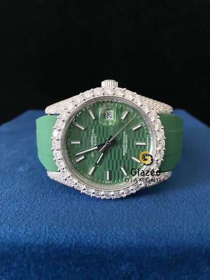 Silicon Belt Green Dial Iced Out Moissanite VVS Watch