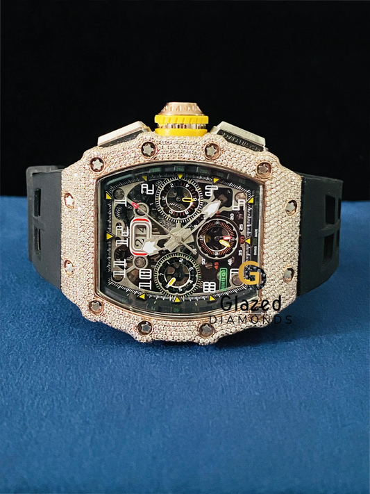 Silicone Black Strap Skeleton Dial Iced Out Moissanite Watch