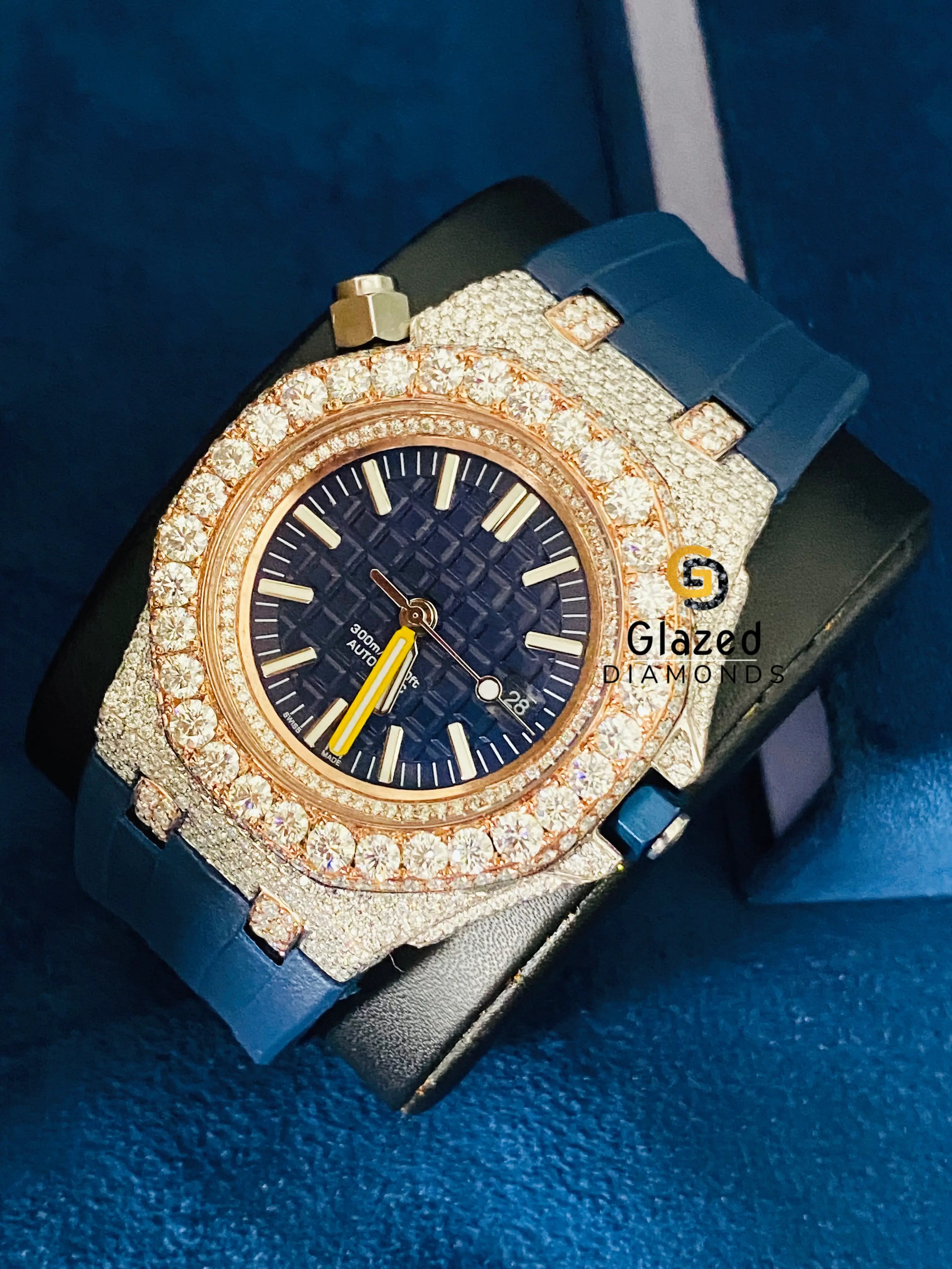Silicone Blue Strap Two Tone Round Moissanite Hip Hop Watch