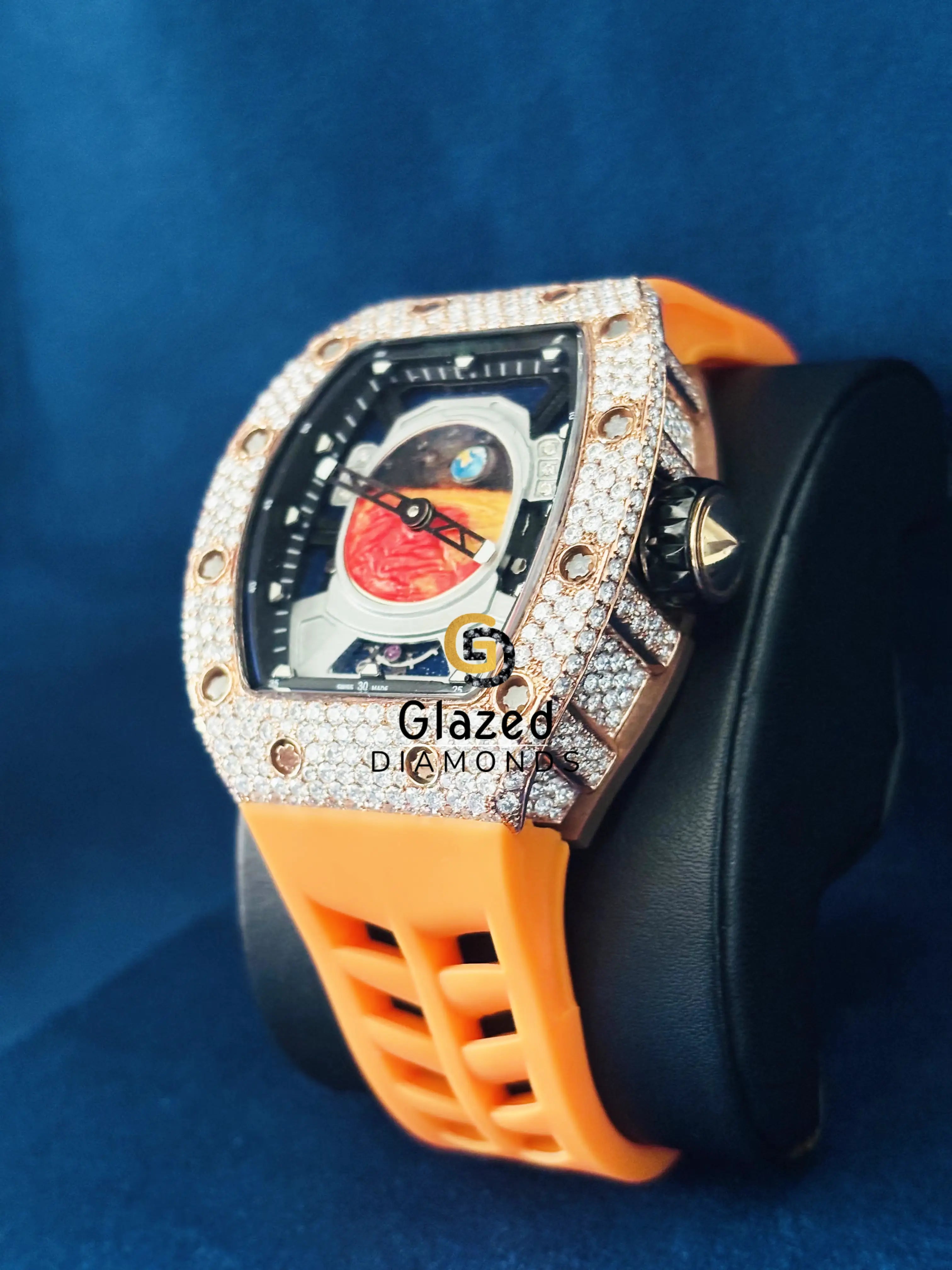 Silicone Orange Strap VVs Moissanite Diamond Studded Watch