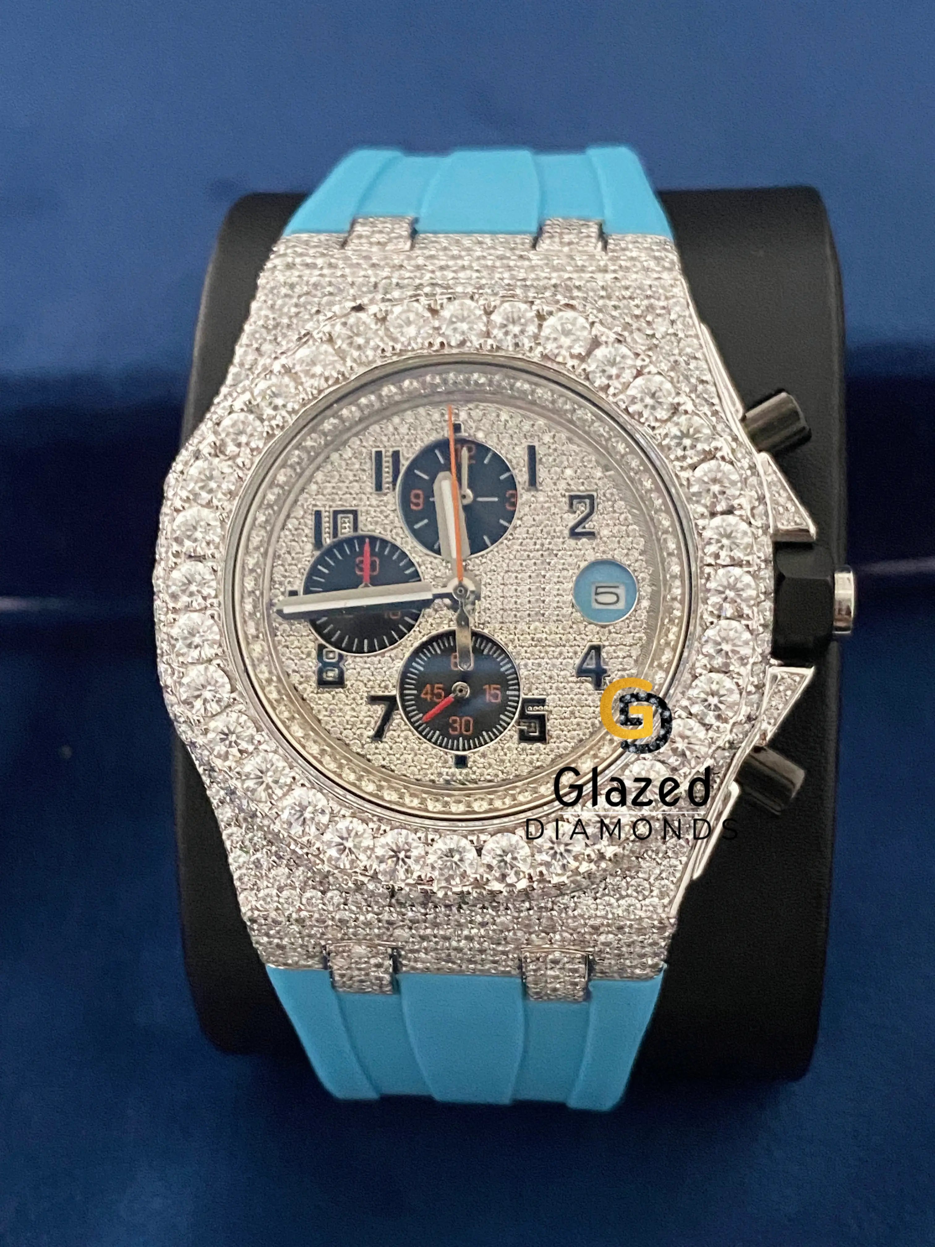 Silicone Sky Blue Strap Arabic Dial VVs Moissanite Blingy Watch