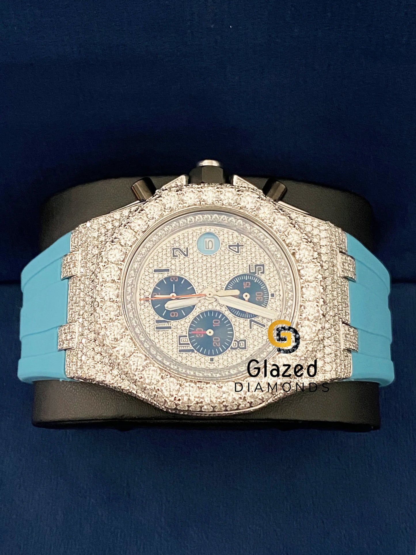 Silicone Sky Blue Strap Chronograph VVs D Colorless Moissanite Watch