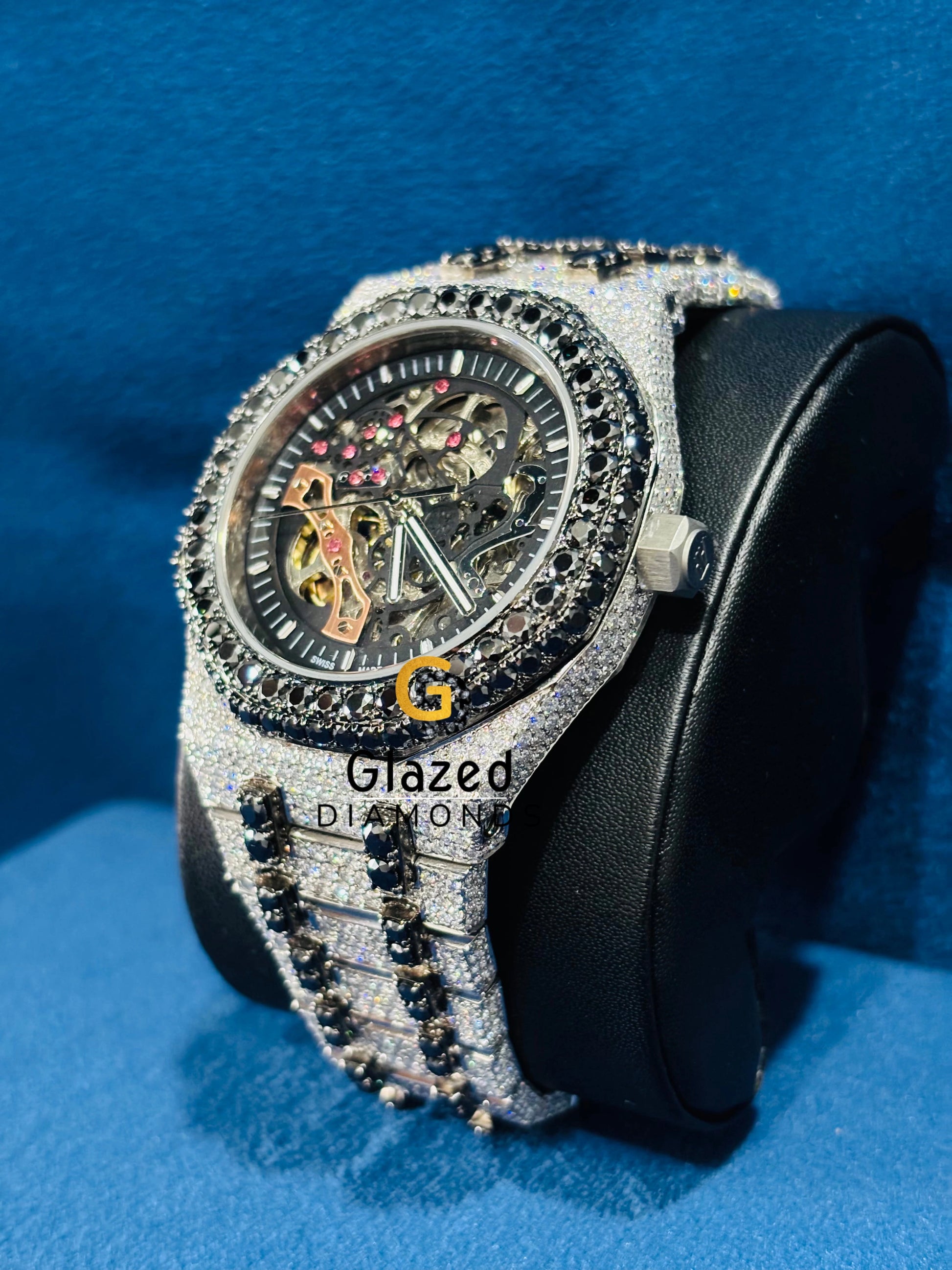 Skeleton Dial Black Diamond Moissanite Watch