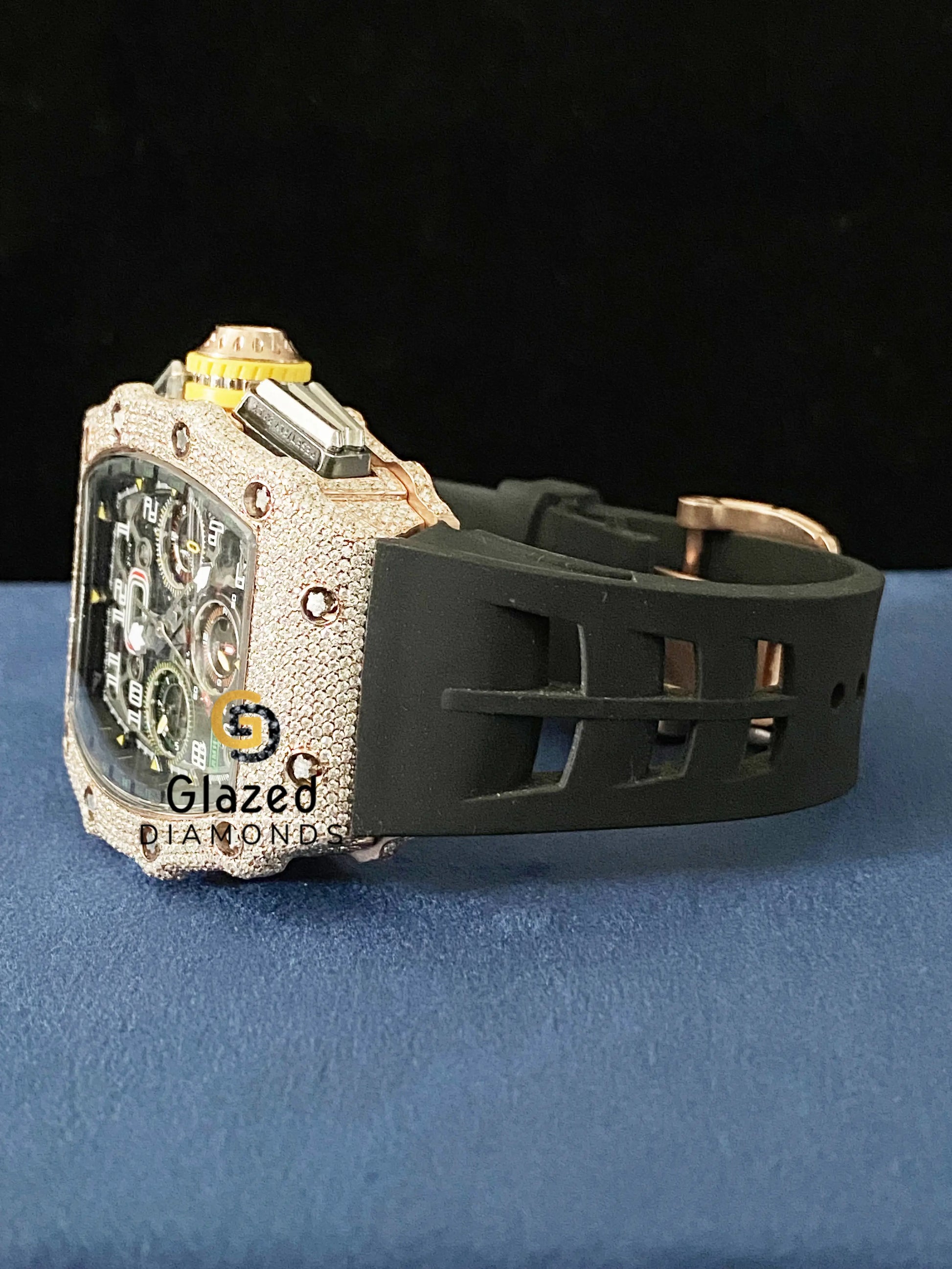 Skeleton Dial Black Silicone Strap Iced Out Moissanite Watch