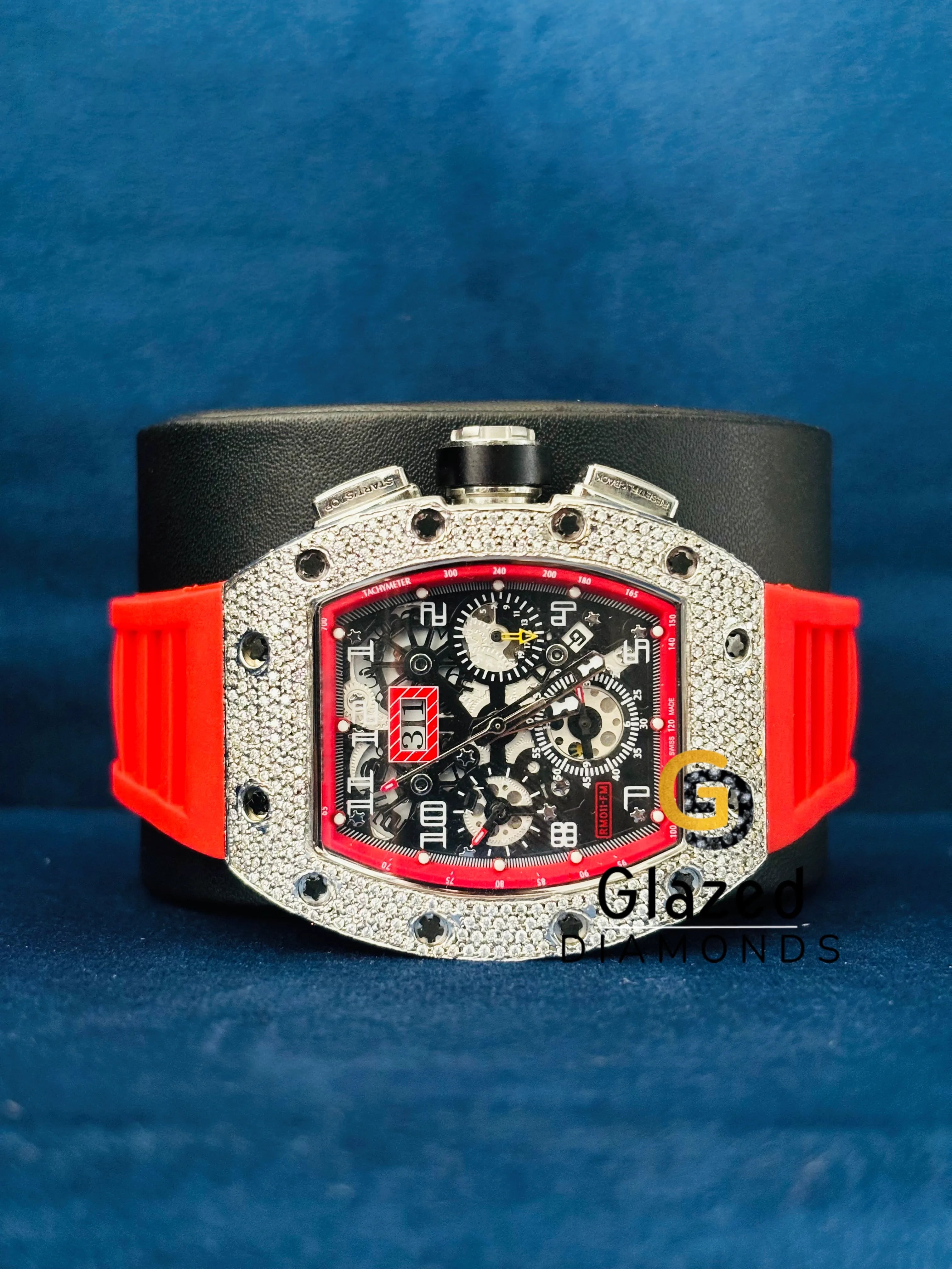 Skeleton Dial Bust Down Studded Watch For Him