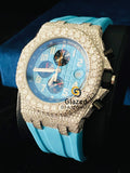 Sky Blue Silicone Strap Chronograph Fully Iced Out Moissanite Watch