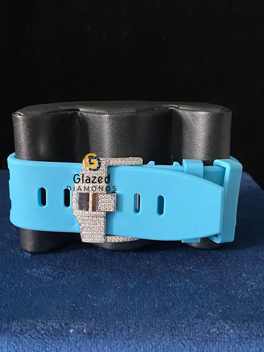 Sky Blue Silicone Strap Chronograph Fully Iced Out Moissanite Watch