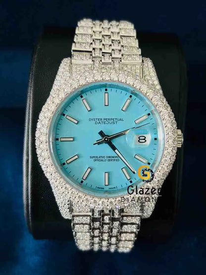 Sky Blue Dial Baguette Bar Moissanite Watch For Men