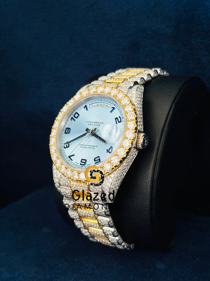 Sky Blue Dial Two Tone Iced Out Hip Hop Moissanite Watch