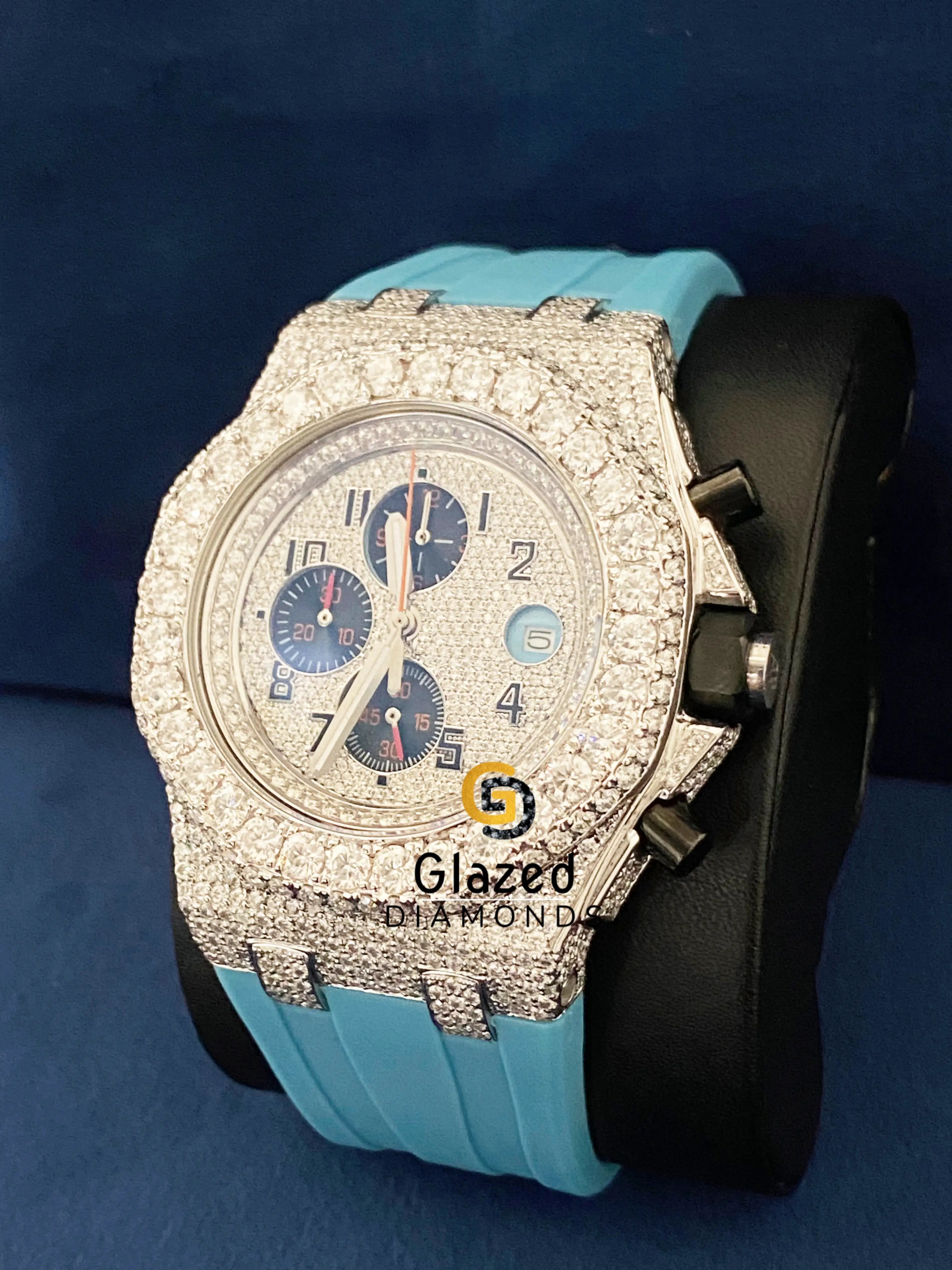 Sky Blue Silicone Strap Chronograph D Colorful VVs Moissanite Watch